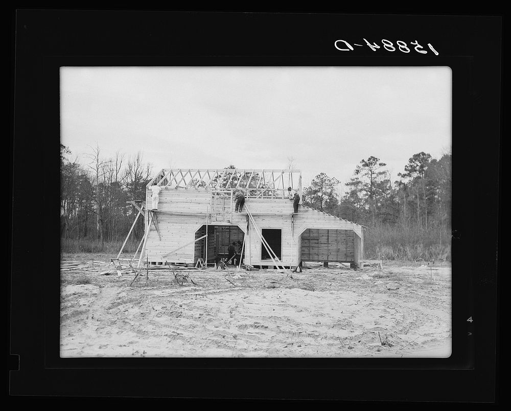 New barn under construction. Pembroke Farms, North Carolina. Sourced from the Library of Congress.