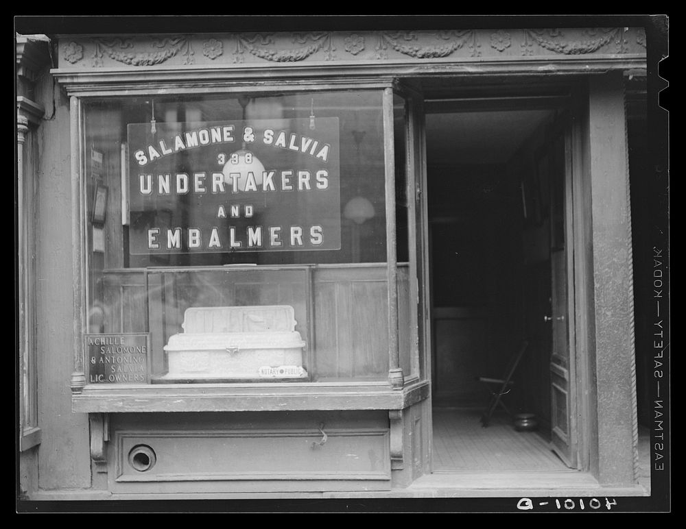 New York, New York. 1938(?). Undertaker's establishment on East 63rd Street. Sourced from the Library of Congress.