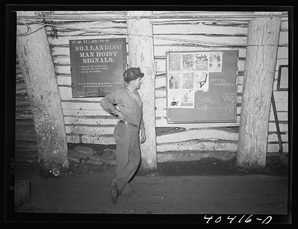 Shenandoah, Pennsylvania. A bulletin board at the foot of number one shaft in the Maple Hill colliery, showing a miner…