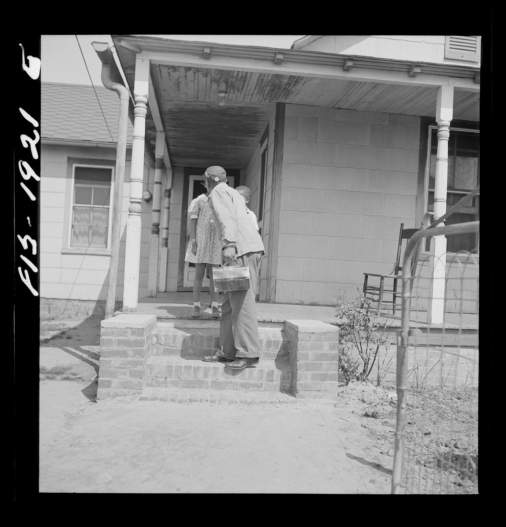 [Untitled photo, possibly related to: Newport News, Virginia.  shipyard worker leaving his rural home for the shipyards with…