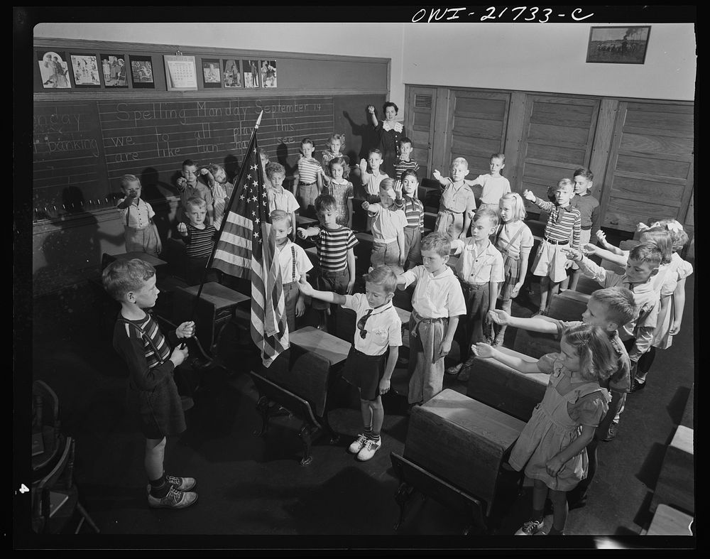 Rochester, New York. Earl Babcock's school day begins with the salute to the flag. Sourced from the Library of Congress.