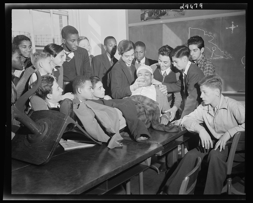 Benjamin Franklin High School, New York, New York. Boys take one day a week from their English course for "war activities"…