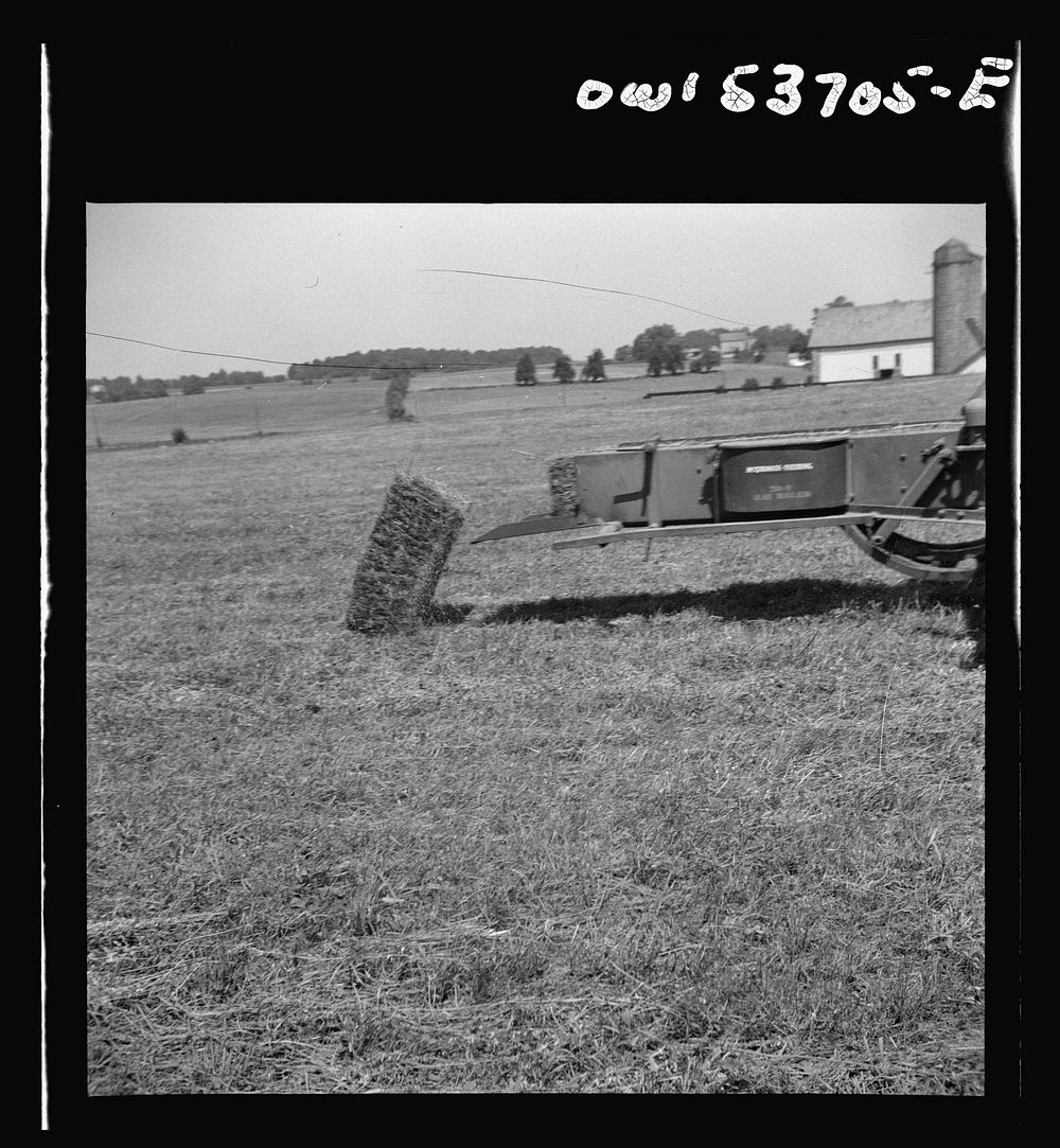 [Untitled photo, possibly related to: Dresher, Pennsylvania. Making adjustments on a hay baling machine]. Sourced from the…