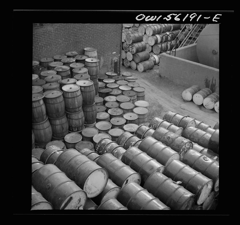 Philadephia, Pennsylvania. Pile of oil drums near Grays Ferry Road. Sourced from the Library of Congress.