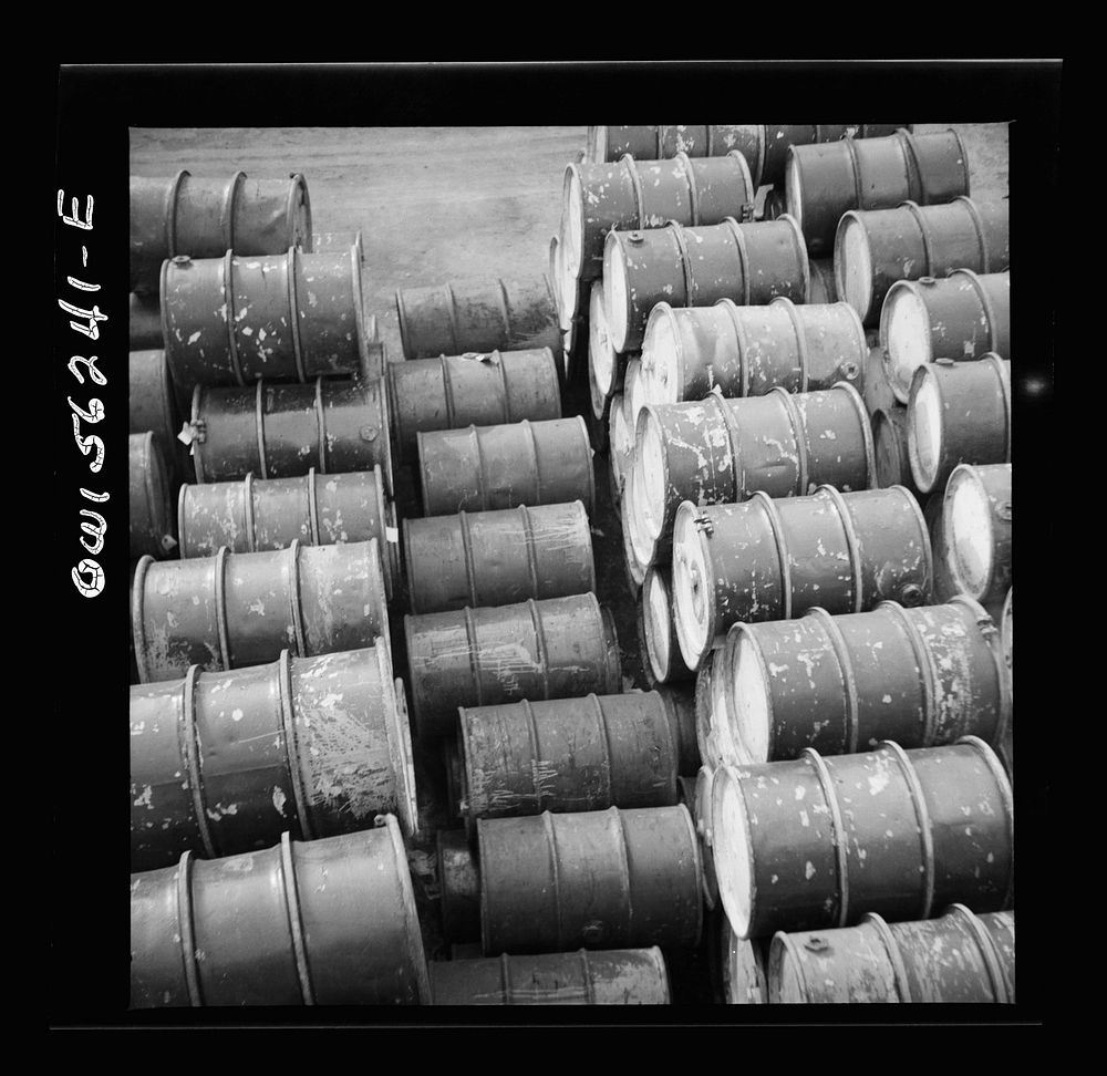Philadelphia, Pennsylvania. File of oil drums near Grays Ferry Road. Sourced from the Library of Congress.