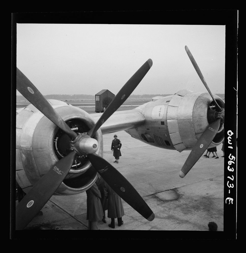 Washington, D.C. Detail of a B-29 bombing plane on public view at the National Airport. Sourced from the Library of Congress.