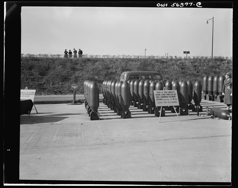 B-29 Super Fortress bomb load. This is the largest laod that the B-29 has carried to date. A total of ten tons. Sourced from…