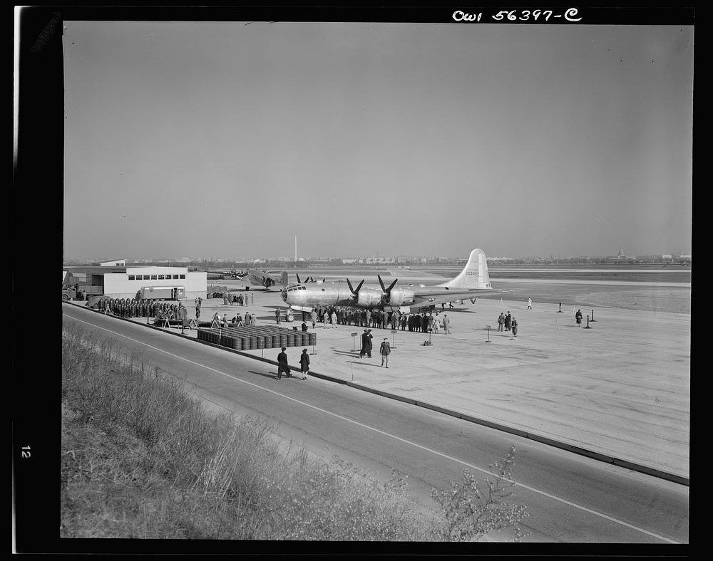 B-29 Super Fortress on display to public for first time at Washington National Airport. Sourced from the Library of Congress.