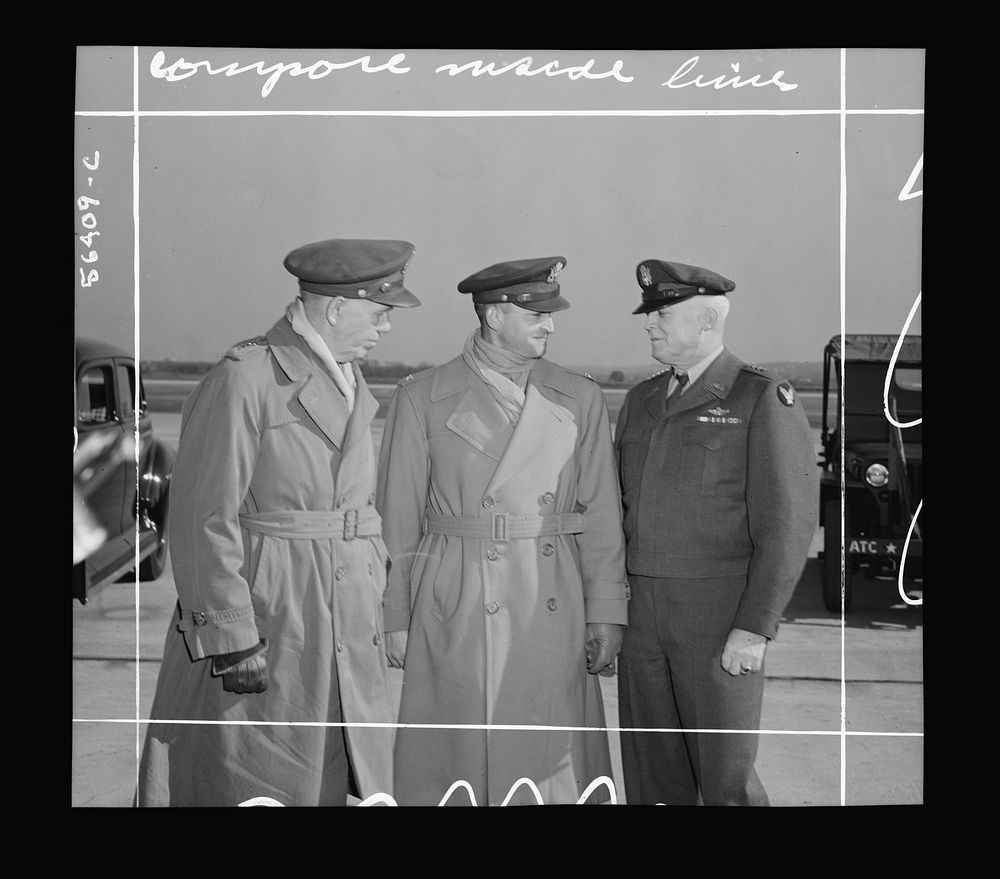 General George C. Marshall (recently back from B-29 raids over Japan) and General Henry H. Arnold after inspection of B-29…