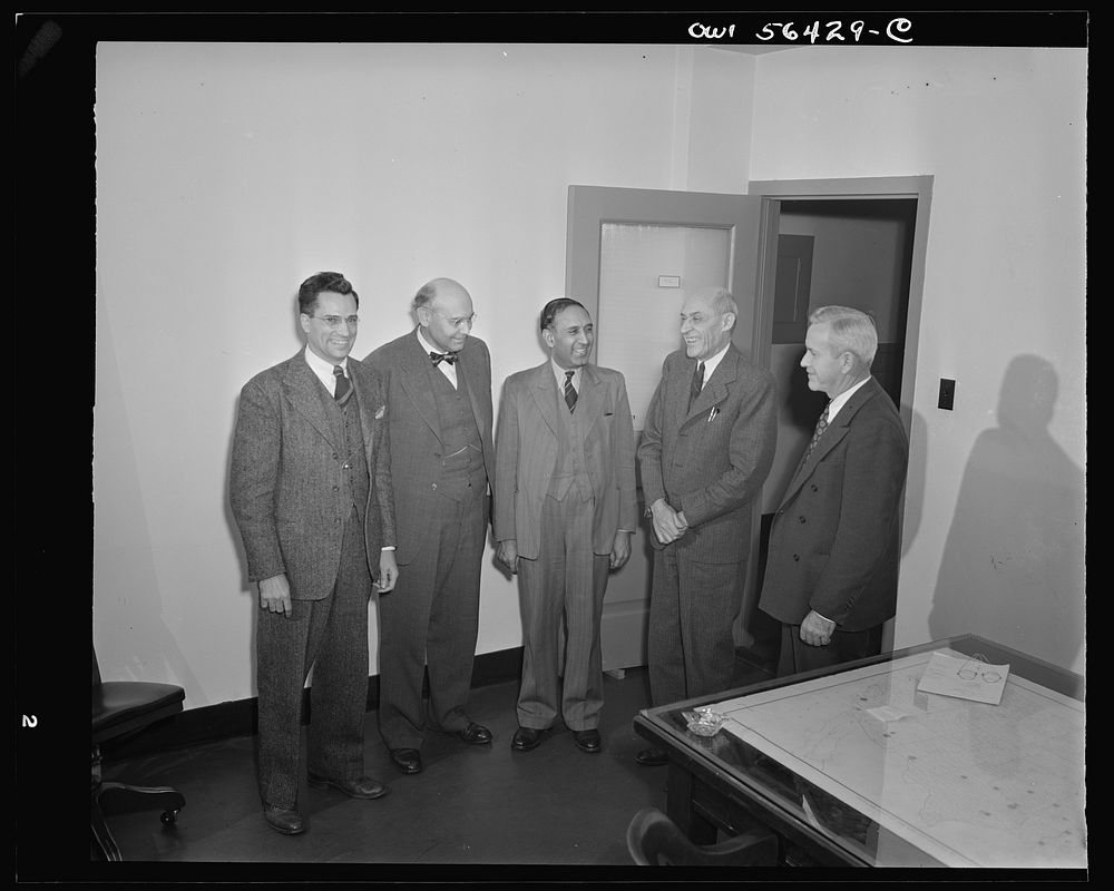 Beltsville, Maryland. Indian scientists visiting the Agricultural Research Center. Left to right: Dr. E.E. Berkley, Dr. E.C.…