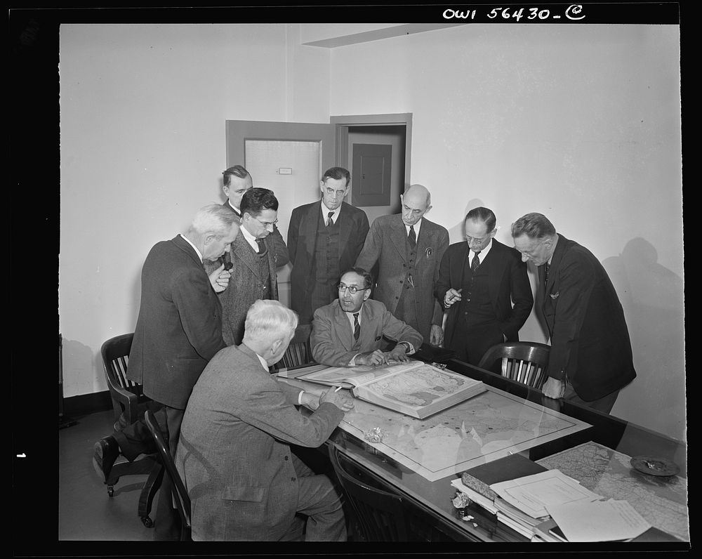 Beltsville, Maryland. Indian scientists visiting the Agricultural Research Center. Left to right: Dr. H.D. Barker, Dr. E.E.…