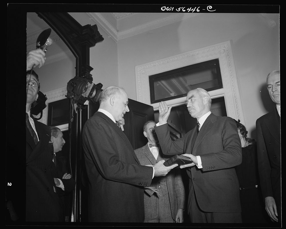 Justice Reed administering oath of office to Under-Secretary of State Joseph C. Grew. Sourced from the Library of Congress.