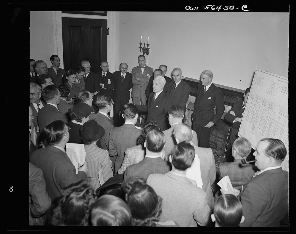 Secretary of State Edward Stettinius at press conference explains the new organization and duties of the Under-Secretary and…