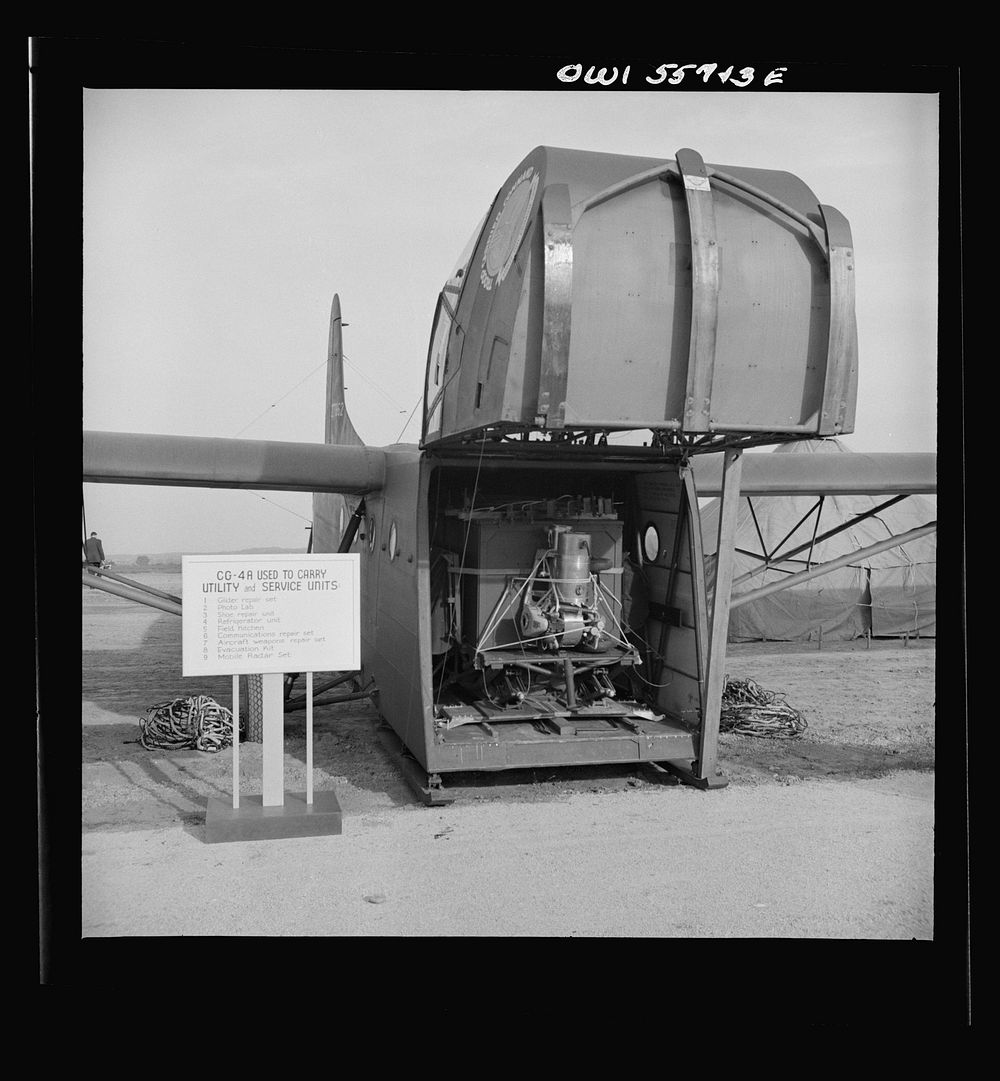 Glider used to carry utility and service units. Shown at demonstration of equiment held by United States Army Air Forces.…