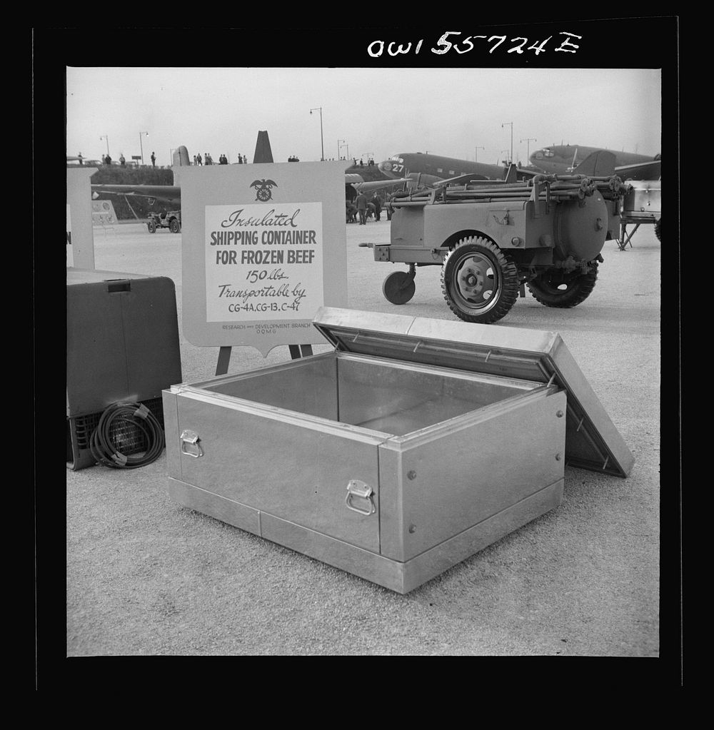 Refrigeration unit. This unit, weighing 1,550 pounds, is gasoline operated, will hold meat rations for 400 men, and is…