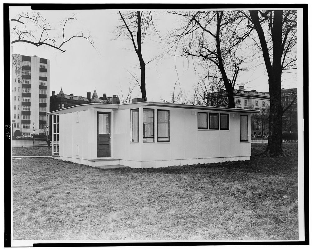Houses for Britain. Model of prefabricated house erected at Scott Circle, Washington, D.C. of the type of temporary…