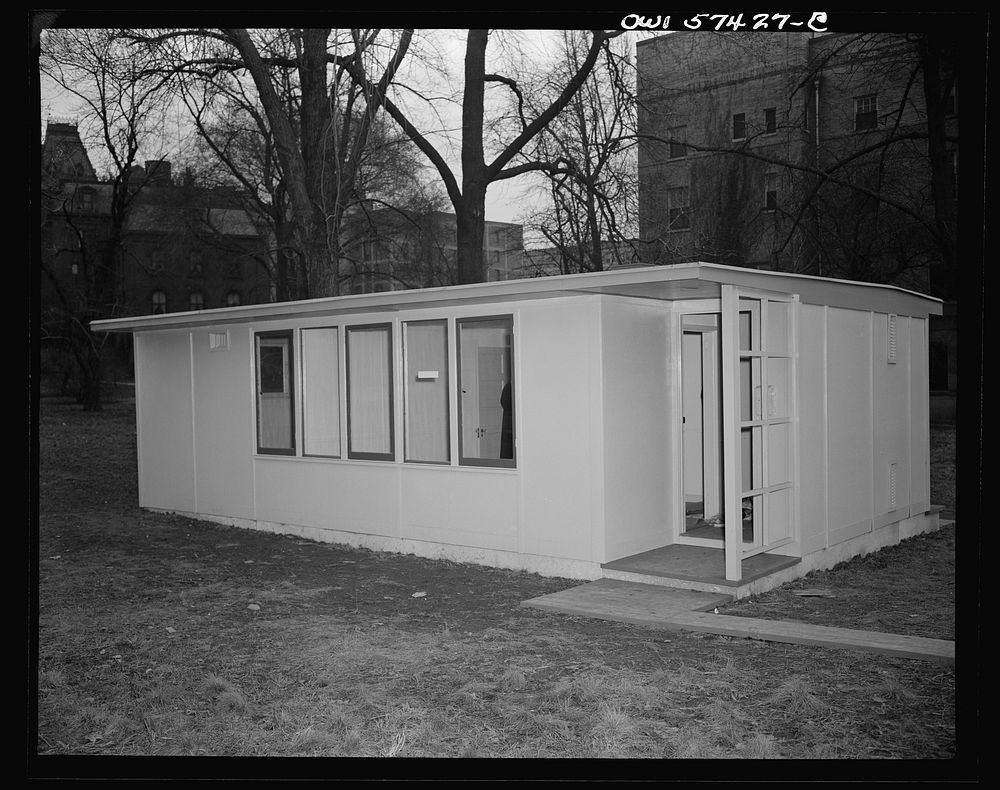Houses for Britain. Front entrance of a prefabricated house erected at Scott Circle, Washington, D.C. of the type of…