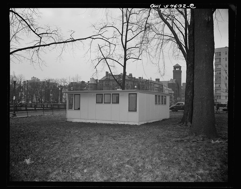 Houses for Britain. Side view of model prefabricated house erected by the Federal Public Housing Authority at Scott Circle…
