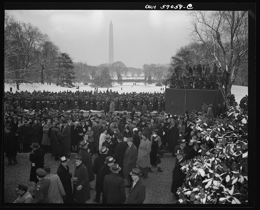 Crowds gather on the South Lawn of the  White House to hear President Roosevelt's fourth term inaugural address. Sourced…