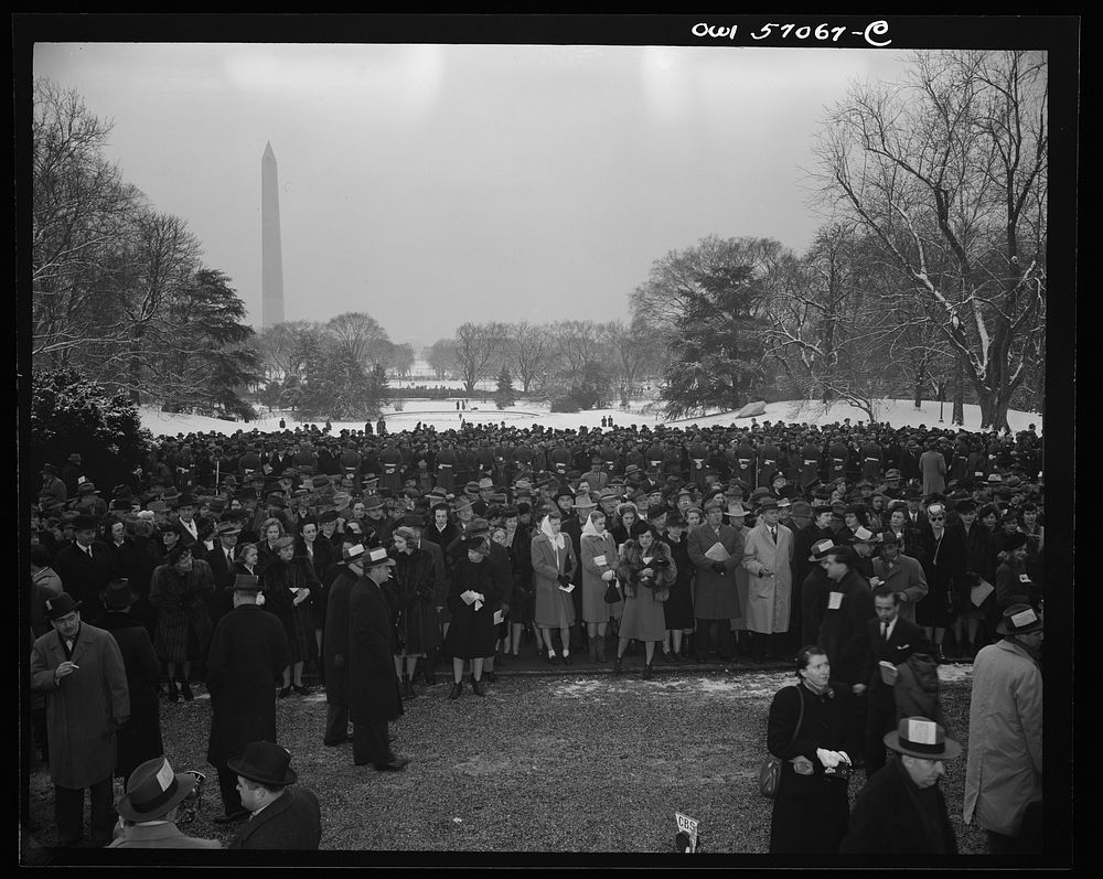 Crowds gather on the South Lawn of the White House to hear Preident Roosevelt's fourth term inaugural address. Sourced from…