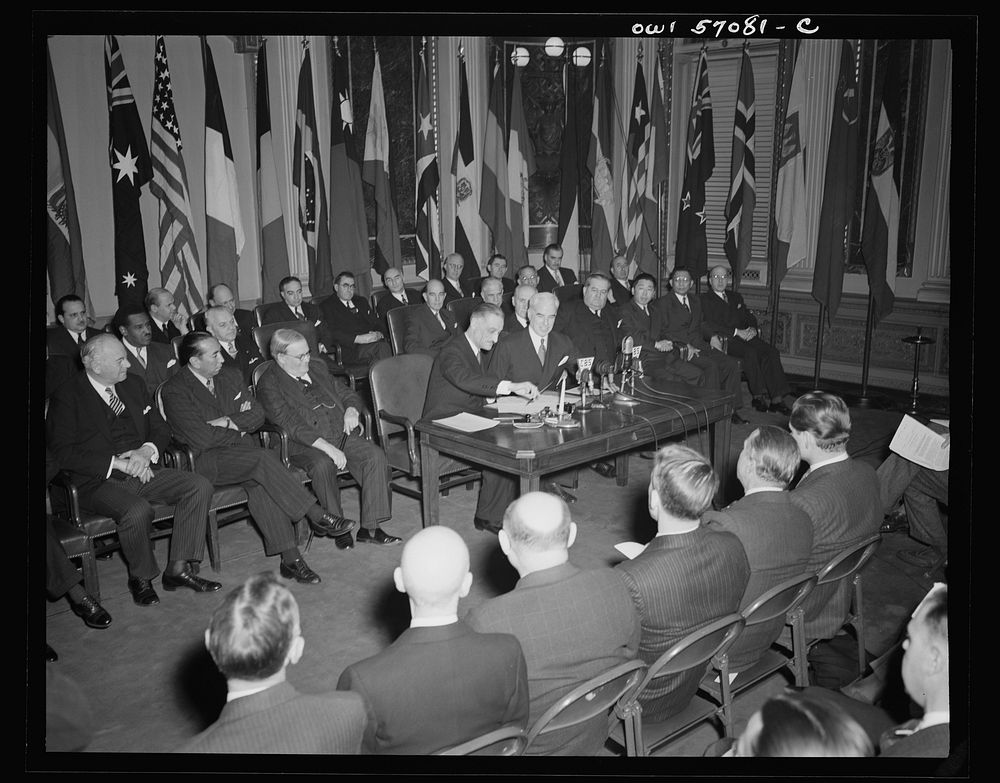 Secretary of State Stettinius and French Ambassador Henri Bonnet on the occasion of the signing the United Nations…