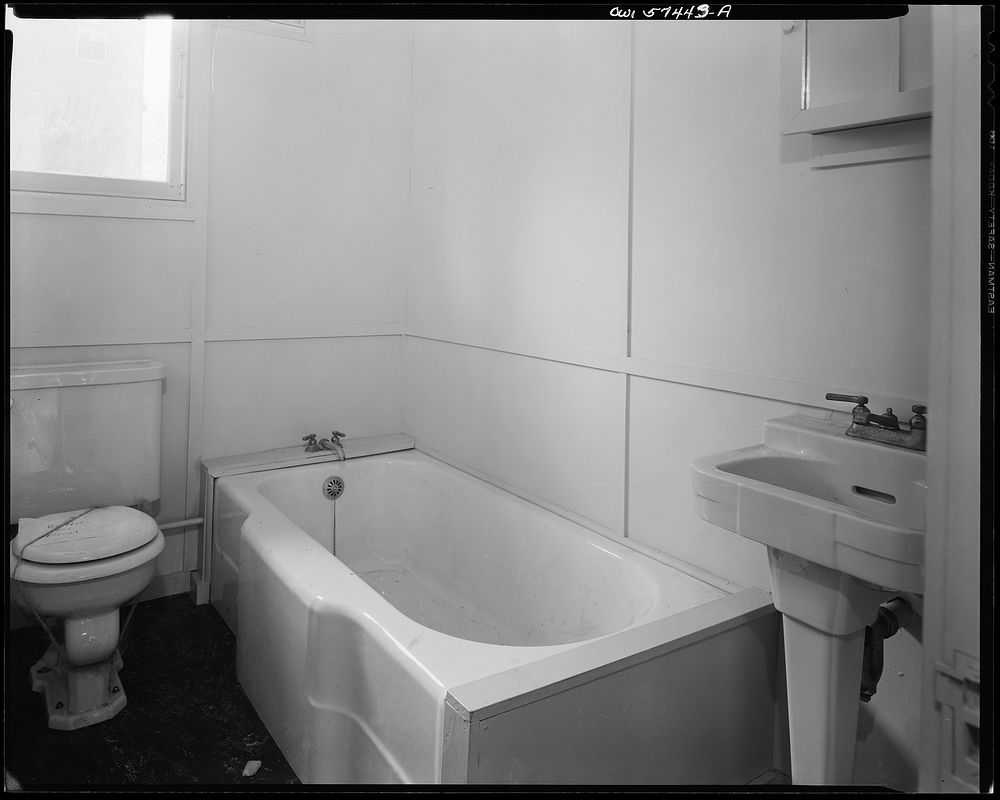 Houses for Britain. Bathroom in a prefabricated model house erected at Scott Circle, Washington, D.C. by the Federal Public…