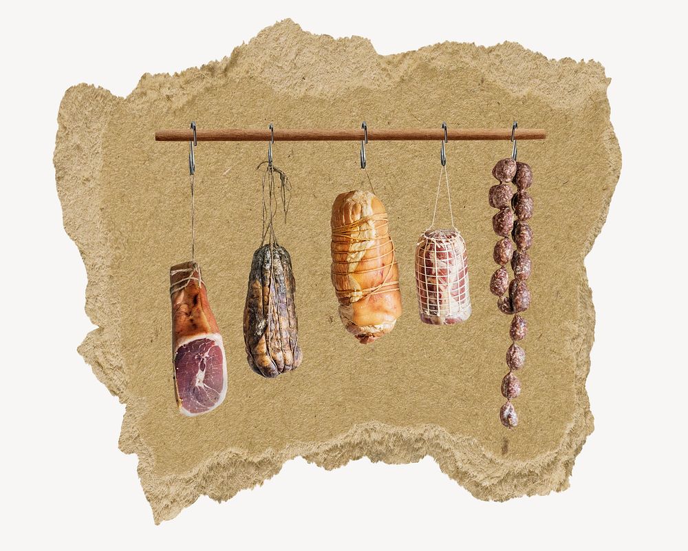 Charcuterie meat, ripped paper collage element