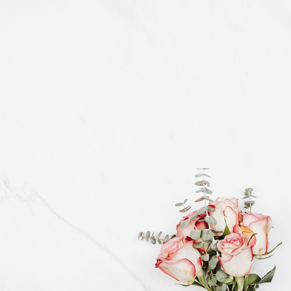 Valentine's rose bouquet on a white marble background