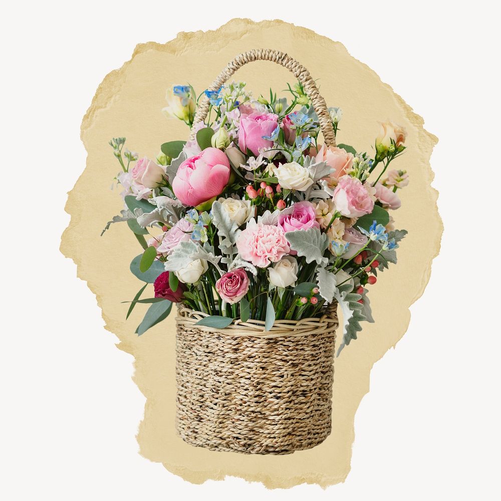Spring flower basket, ripped paper collage element
