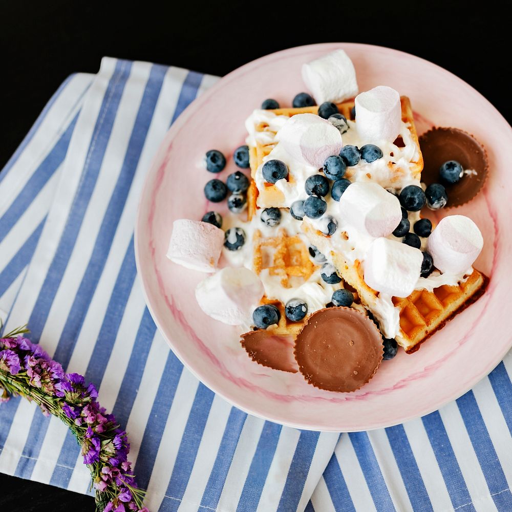 Blueberry and marshmallows over crispy extra everything waffles