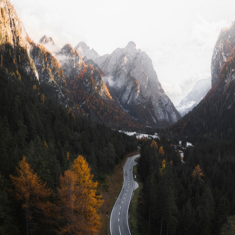 Misty mountain pass in the Dolomites