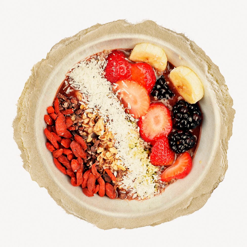 Acai bowl, healthy food on ripped paper