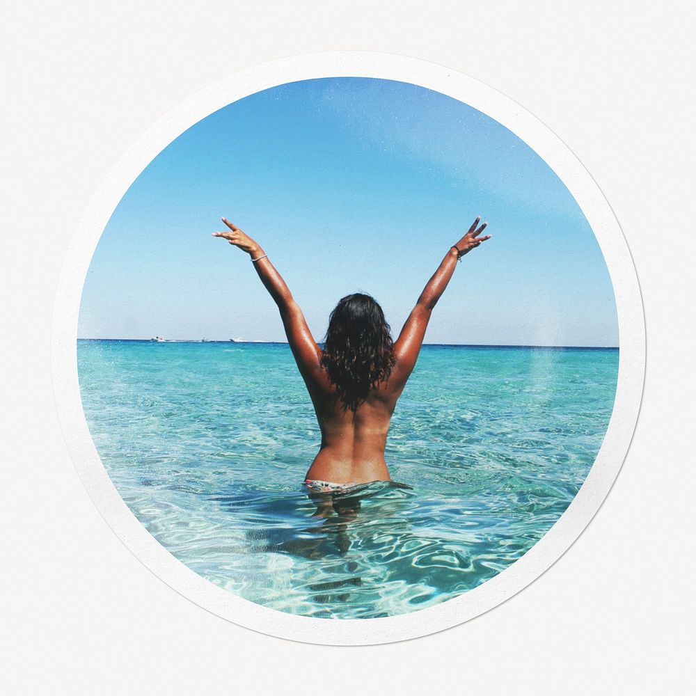 Carefree woman at the beach in circle frame, Summer image