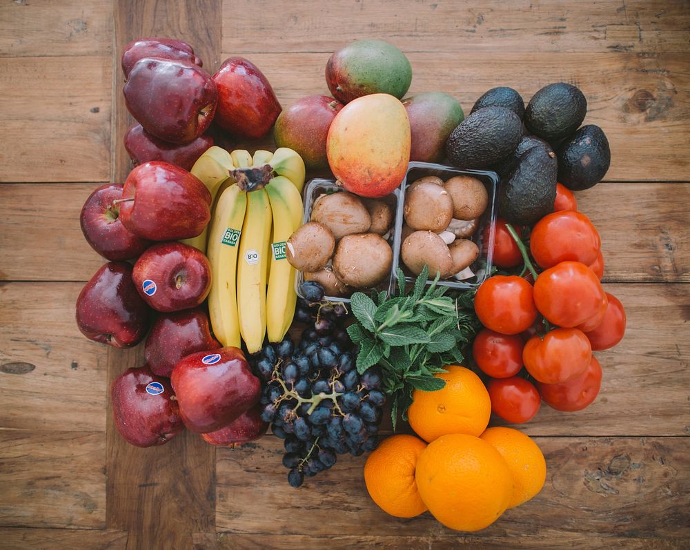 Free fresh food on wooden table image, healthy groceries, public domain CC0 photo.