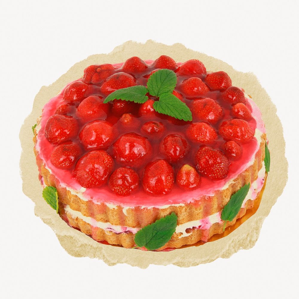 Strawberry cake, dessert on torn paper