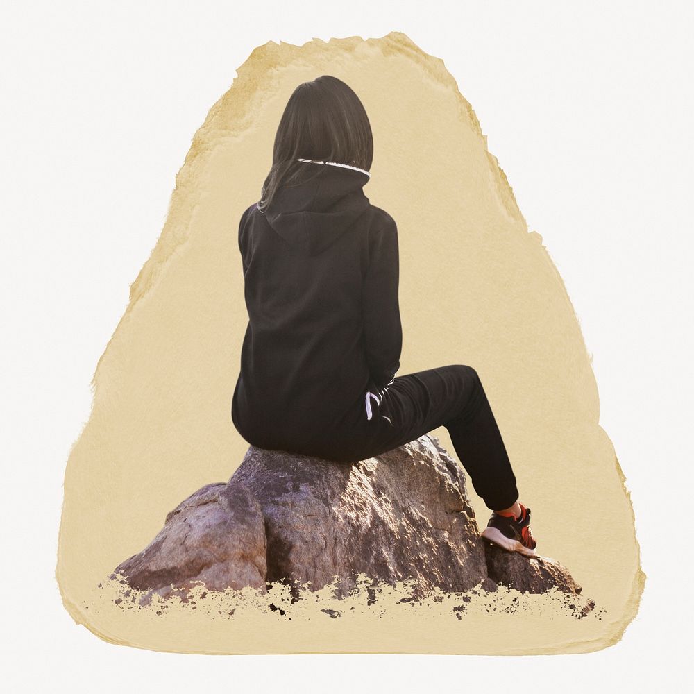 Woman sitting on a rock, ripped paper collage element