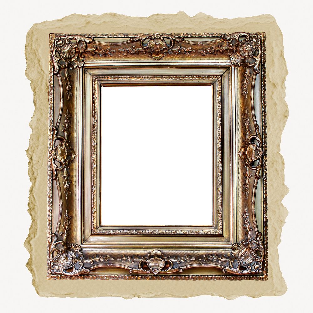 Picture frame, vintage object on torn paper