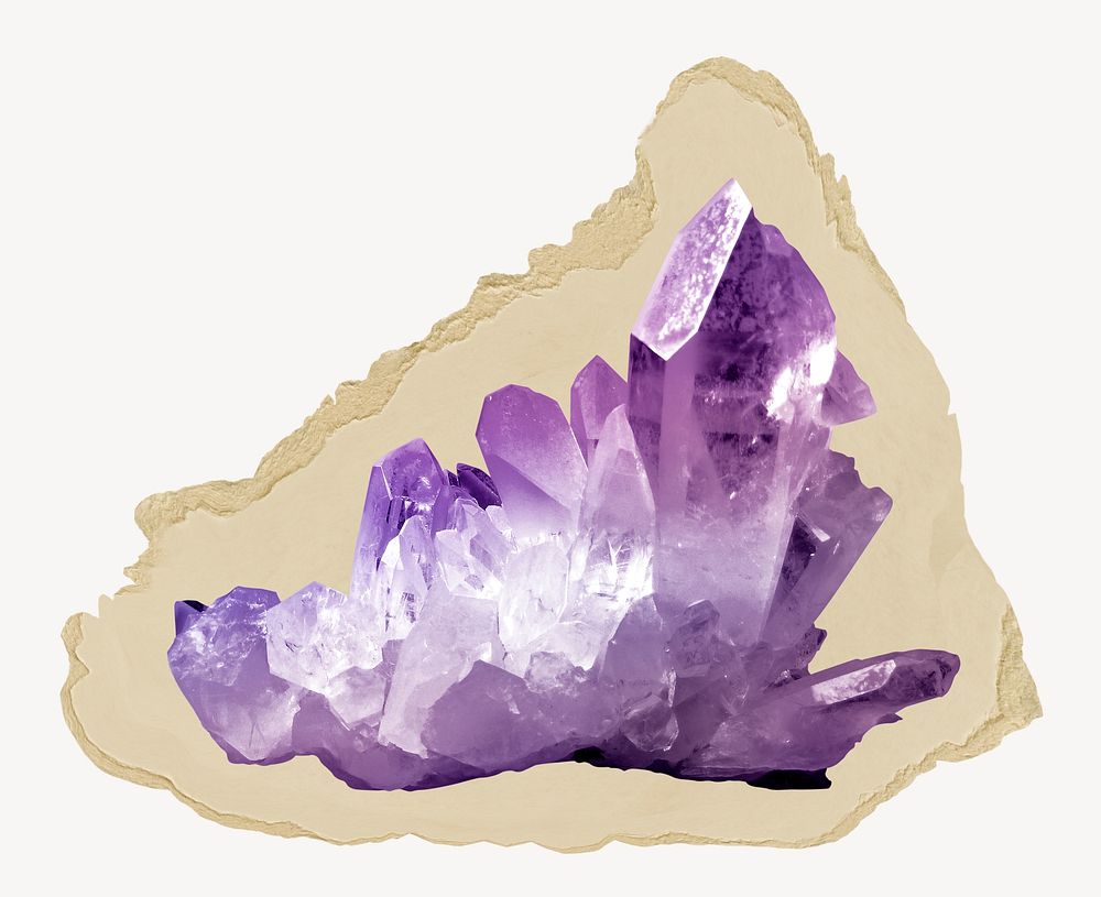 Purple crystal quartz, ripped paper collage element
