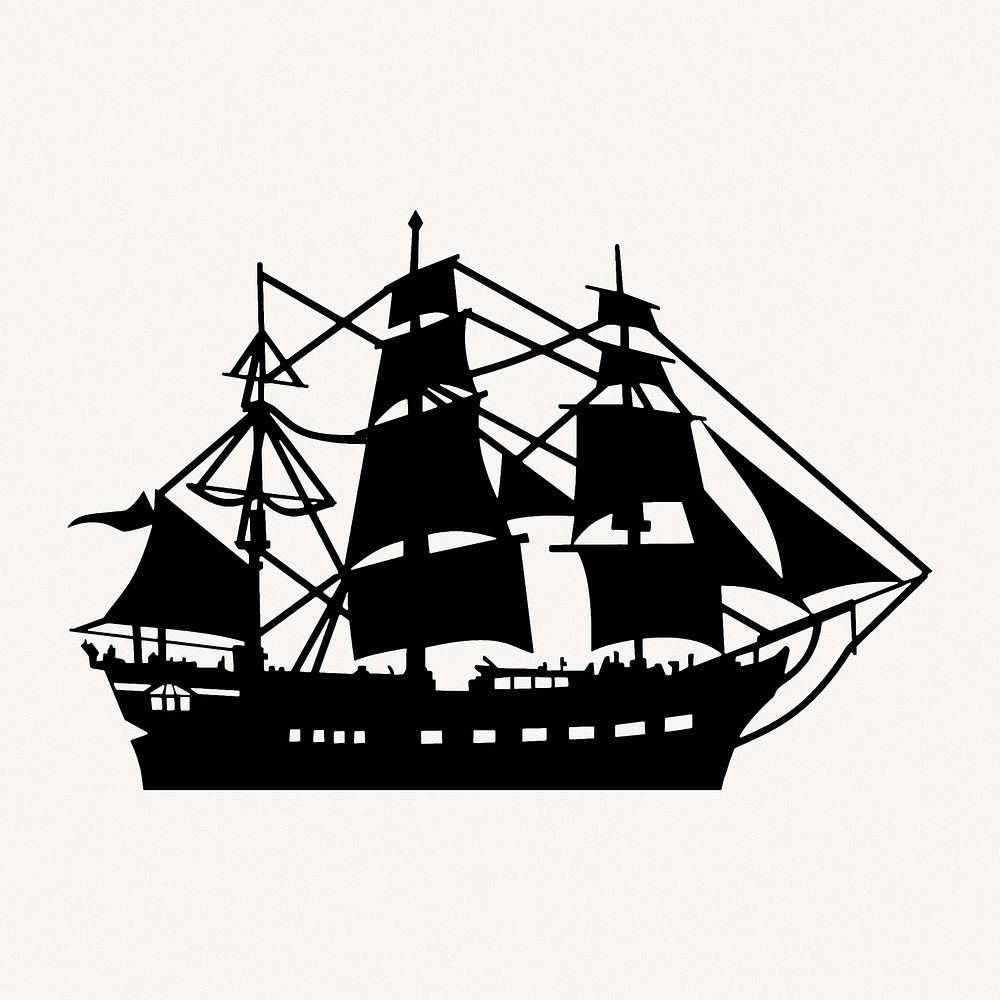 Sail ship silhouette collage element, off white design psd