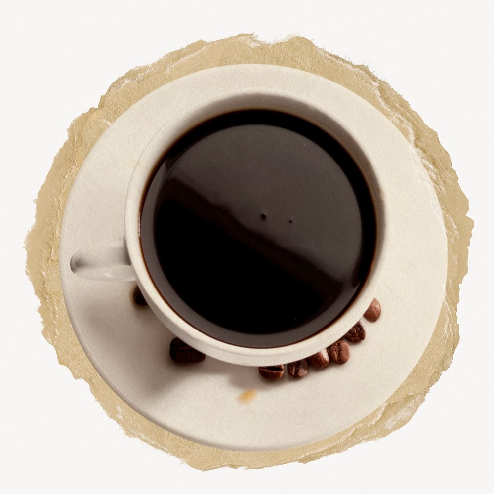Black coffee, food & drink on torn paper