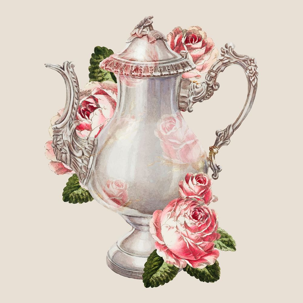 Vintage coffee pot vector with flower illustration, remixed from the artwork by Ernest A. Towers, Jr.