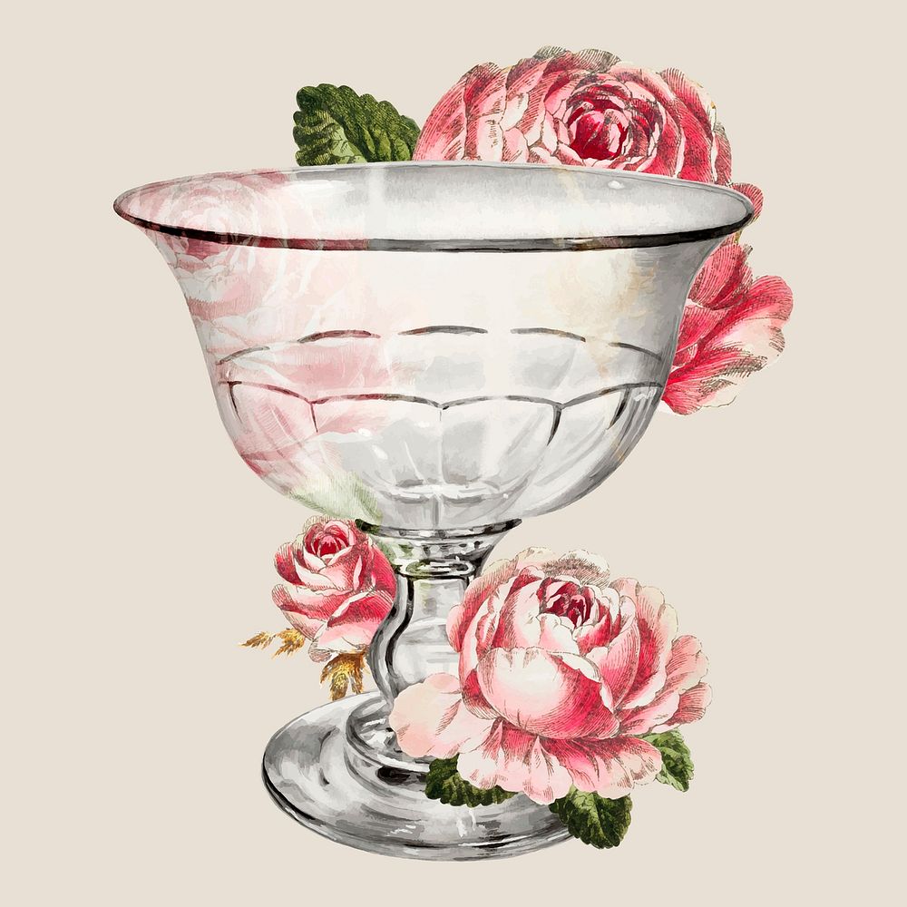 Vintage goblet vector decorated with flower illustration, remixed from the artwork by John Tarantino