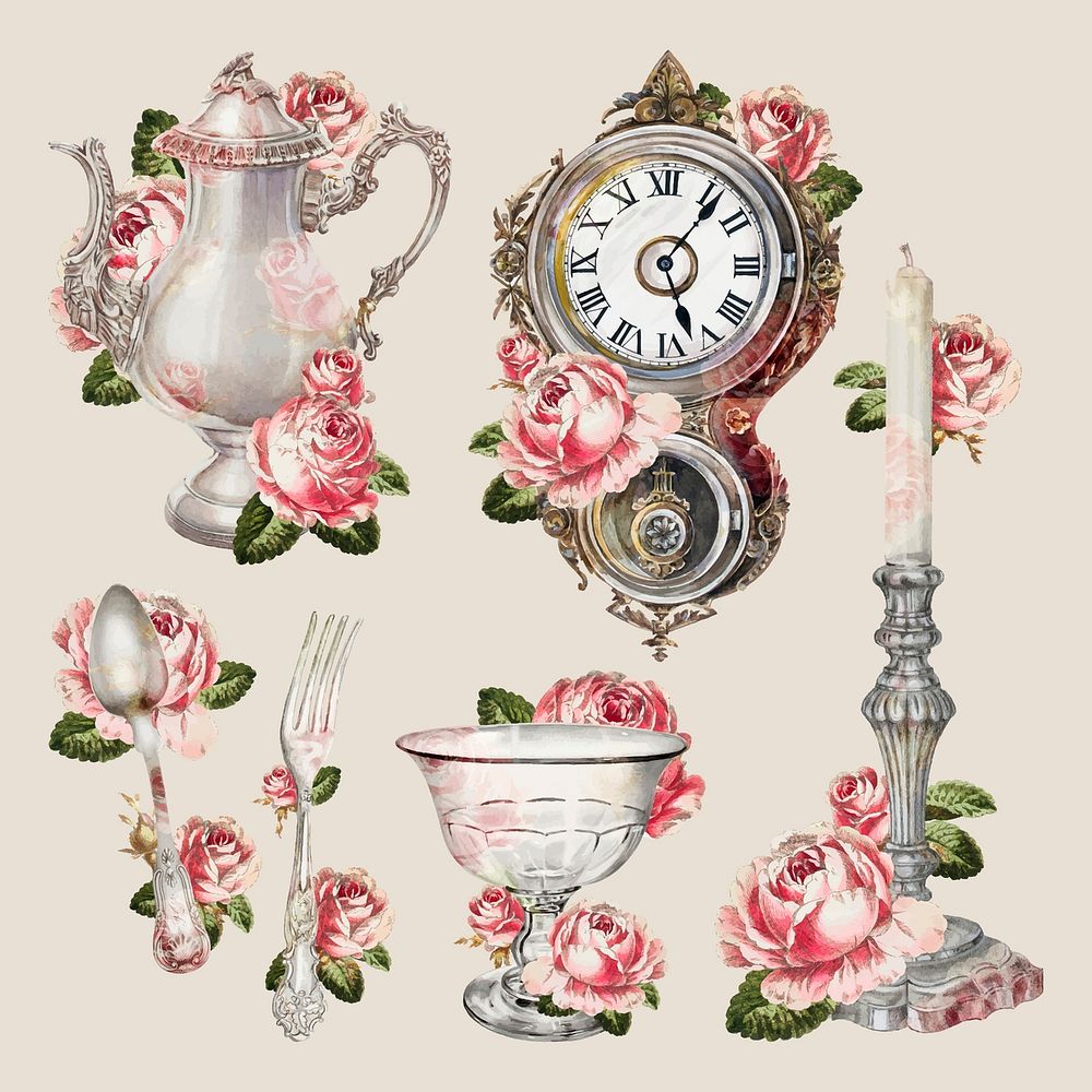 Vintage tea set vector illustration, remixed from public domain collection