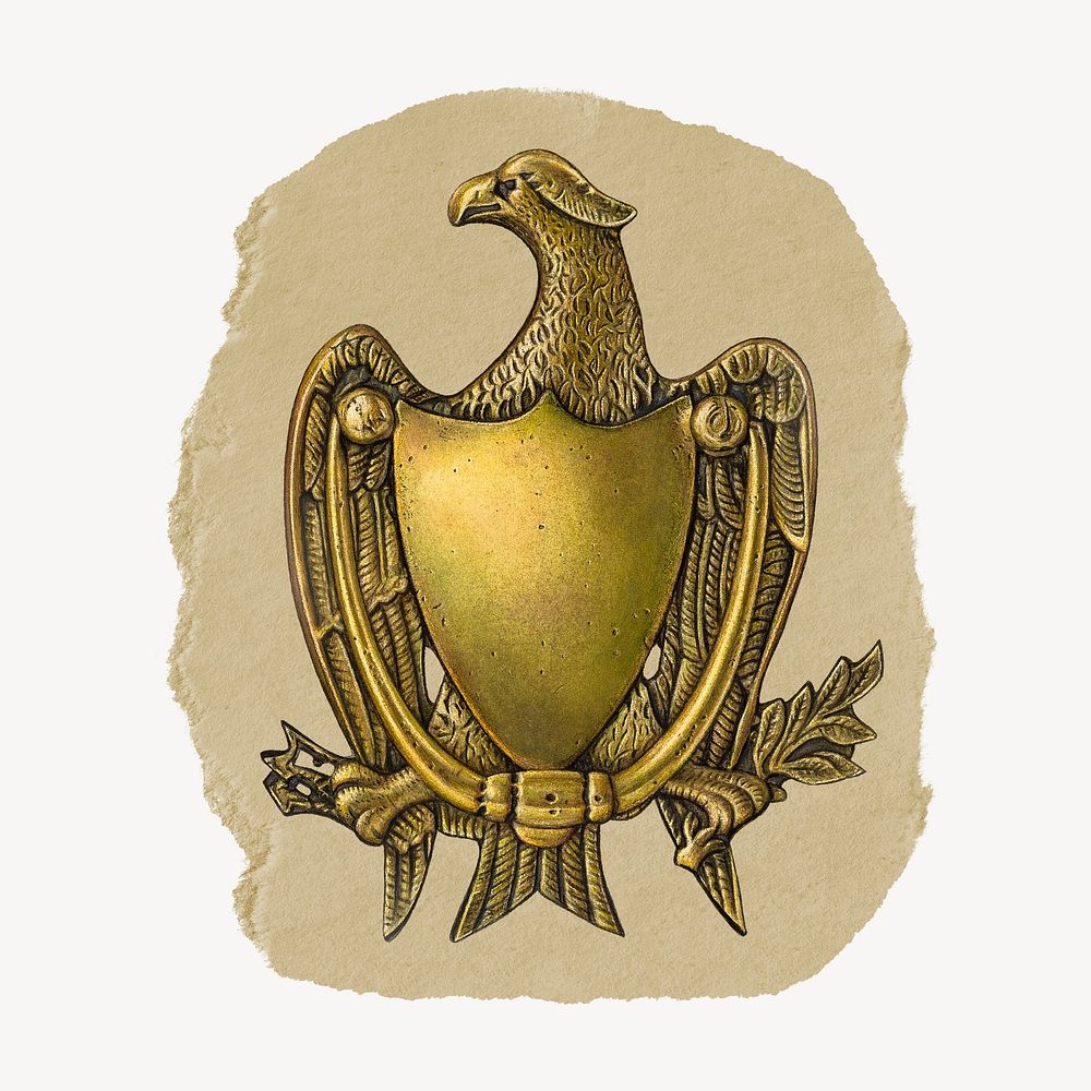 Eagle door knocker illustration, antique artwork, ripped paper badge