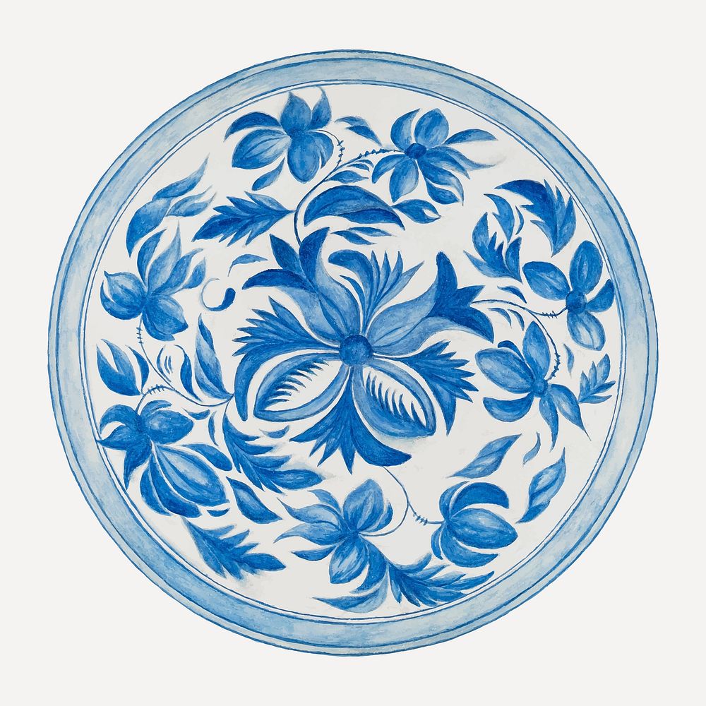 Vintage blue floral plate vector, remixed from artworks by Margaret Stottlemeyer