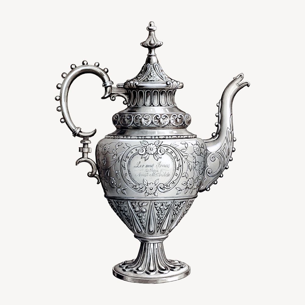 Silver teapot illustration, vintage artwork psd