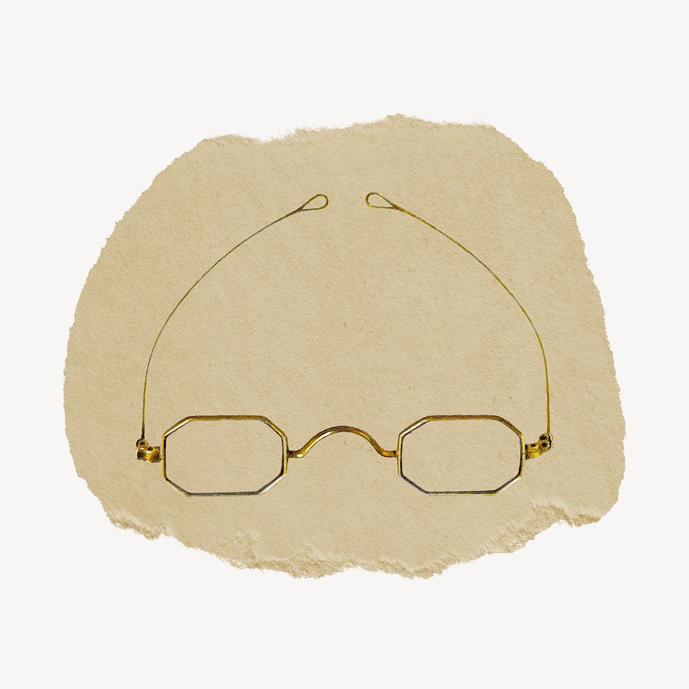 Glasses illustration, vintage artwork, ripped paper badge