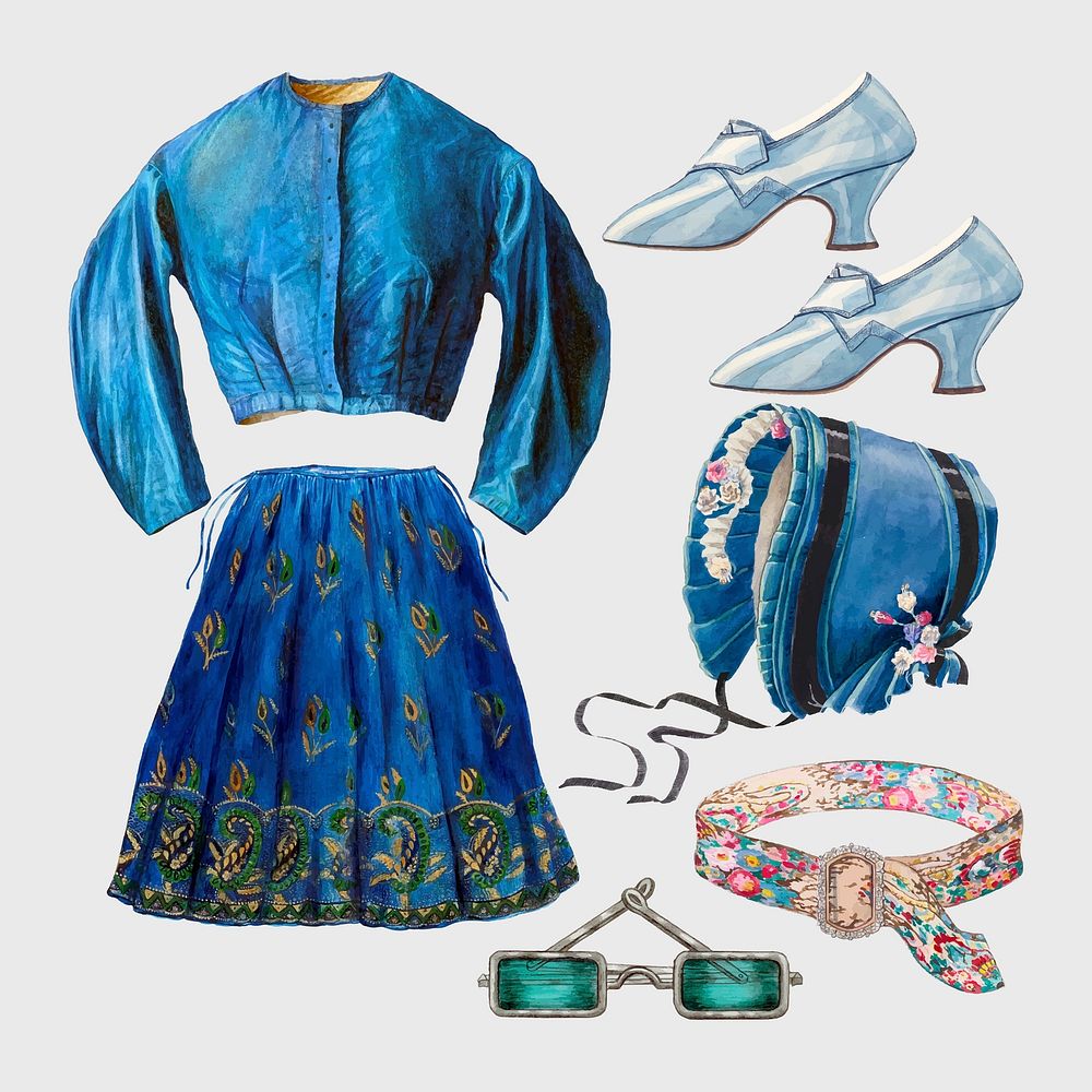Antique women's fashion vector outfit design element set, remixed from public domain collection