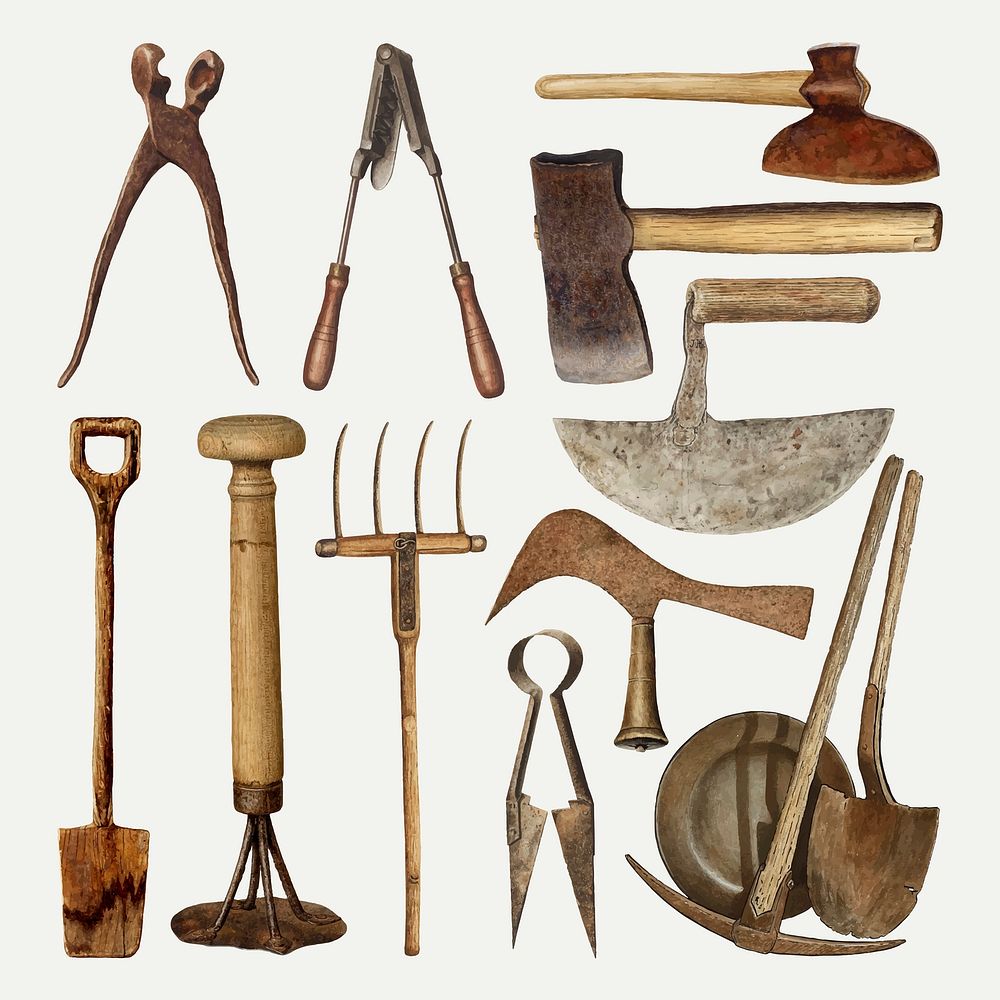 Antique gardening tools vector design element set, remixed from public domain collection