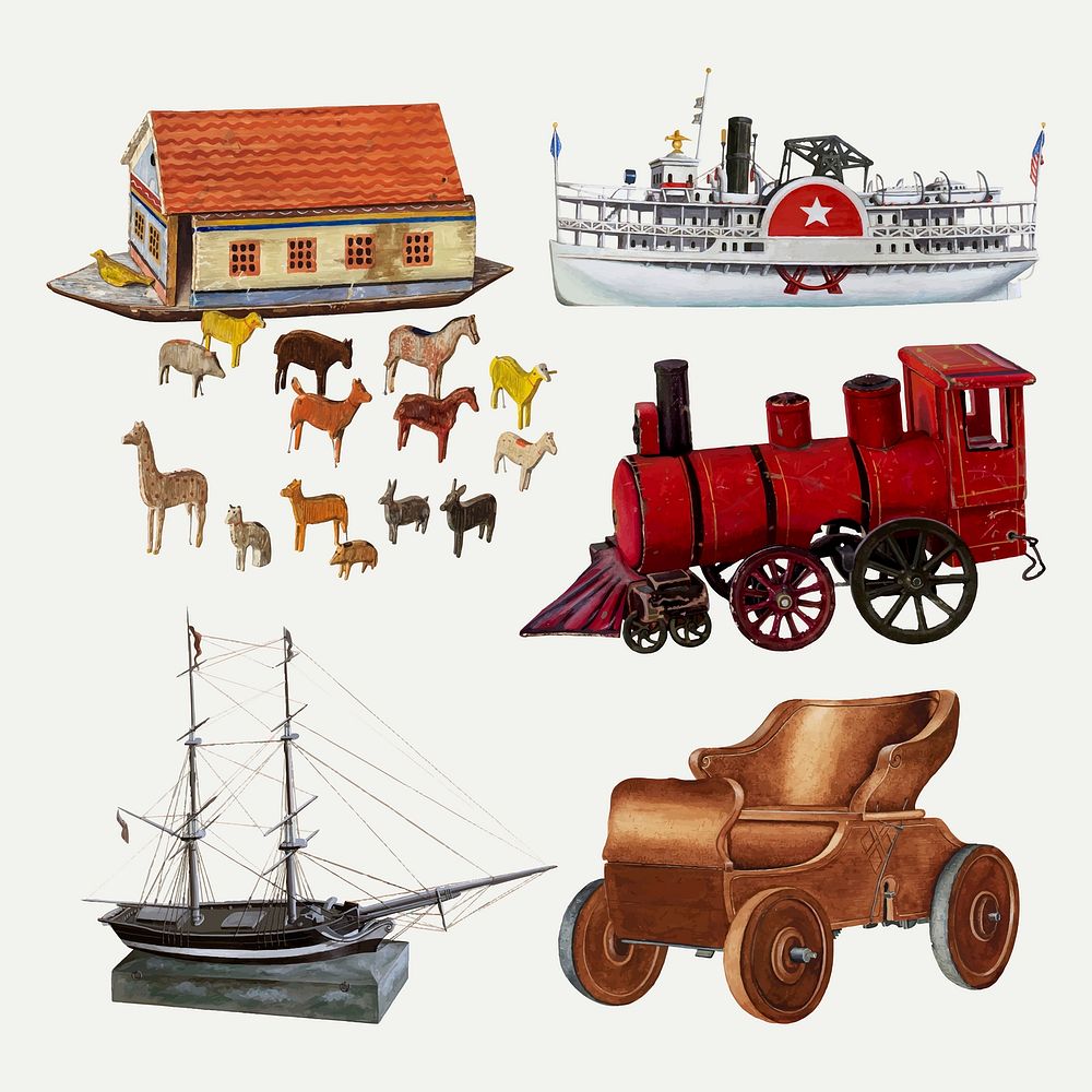 Antique children's toys vector design element set, remixed from public domain collection